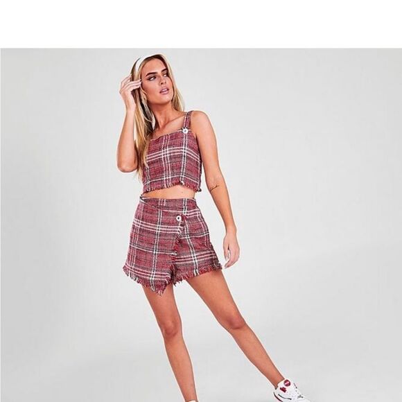 Fila Jester Italia Plaid Tweed Red White Square Neck Crop Tank Top Raw Hem XS - Picture 5 of 11